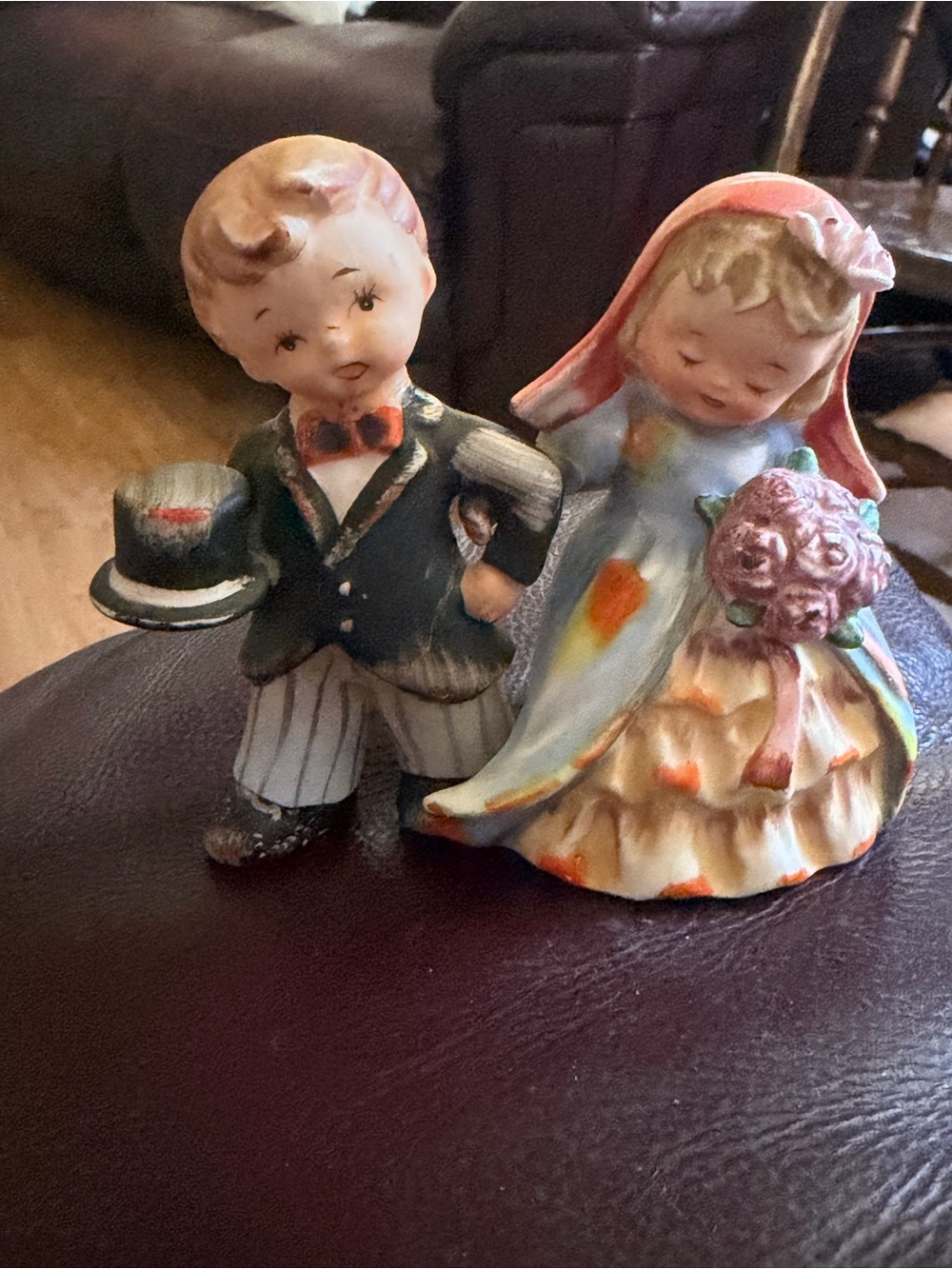 Vintage alpine children Ceramic Bride and Groom Figurine Pair - Multicolor
